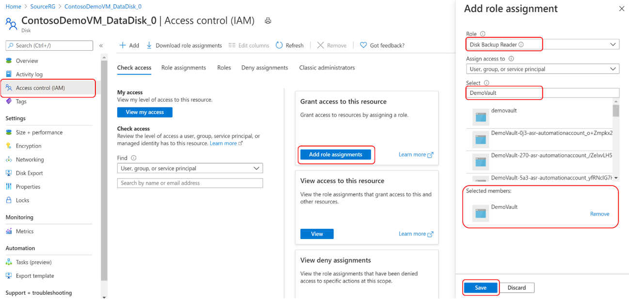 Screenshot, der den Prozess der Zuweisung der Rolle „Leseberechtigter für Datenträgersicherung“ zur verwalteten Identität des Backup-Tresors auf der zu sichernden Quellfestplatte zeigt.