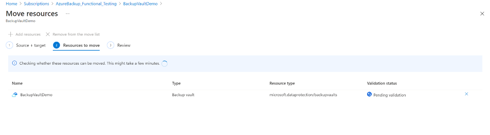 Screenshot: Überprüfungsstatus des Backup-Tresors, der in ein anderes Azure-Abonnement verschoben werden soll