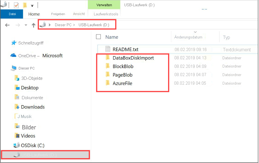 Screenshot des Stammverzeichnisses des Azure Data Box-Datenträgers.