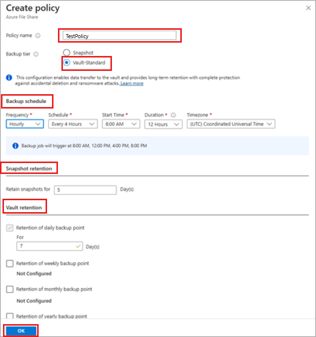 Screenshot zeigt, wie der Sicherungszeitplan und die Aufbewahrungsdauer festgelegt werden.