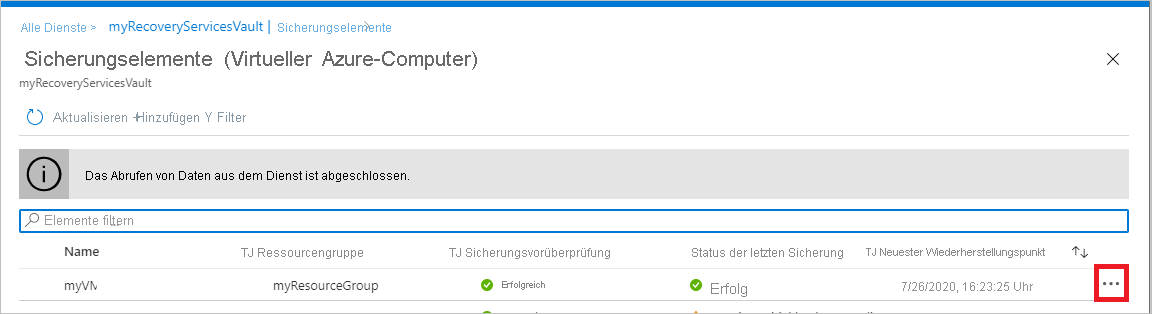 Screenshot der Ellipsen-Schaltfläche für ein Backup-Element.