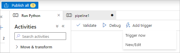 Screenshot von den Auswahloptionen „Überprüfen“, „Debuggen“, „Alles veröffentlichen“ und „Trigger hinzufügen“ in Data Factory.