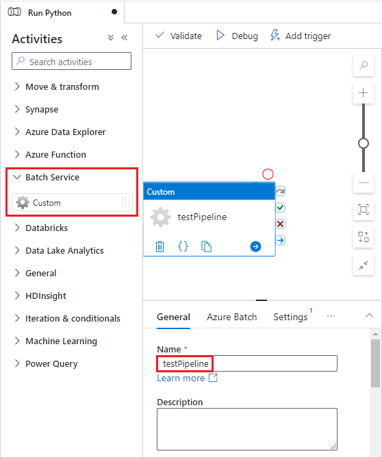 Screenshot: Registerkarte „Allgemein“ zum Erstellen einer Pipelineaufgabe.
