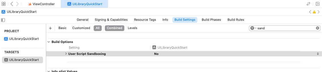 Screenshot: Option „Buildeinstellungen“ zum Deaktivieren von Benutzerskript-Sandboxing.