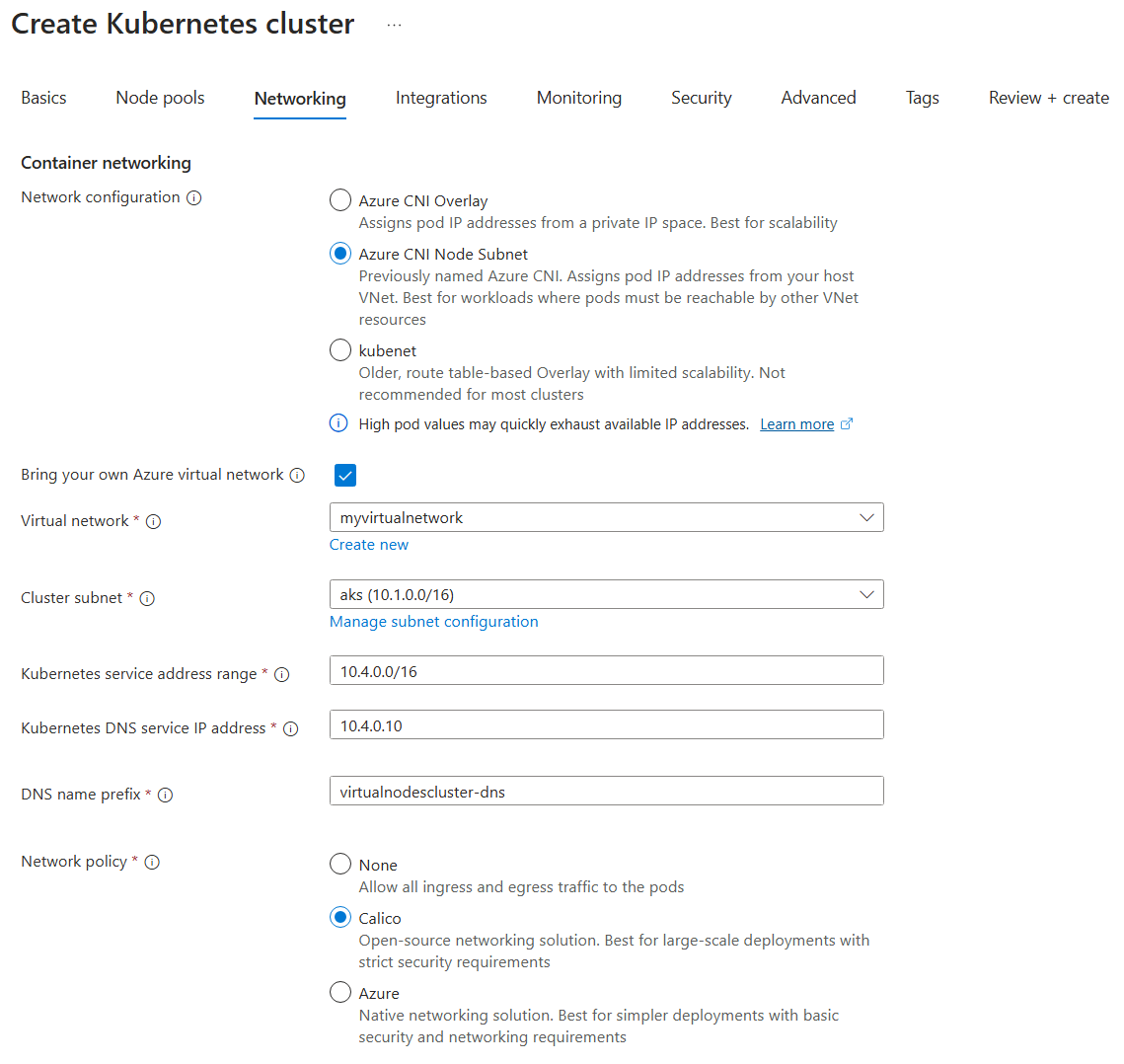Screenshot der Konfiguration auf der Seite „Netzwerk“ bei der Erstellung von AKS-Clustern im Azure-Portal