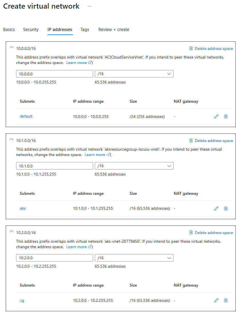 Screenshot der Konfigurationen auf der Seite „IP-Adressen“ bei der Erstellung virtueller Netzwerke im Azure-Portal