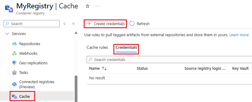 Screenshot der Schritte zum Hinzufügen von Anmeldeinformationen für eine Containerregistrierung im Azure-Portal.