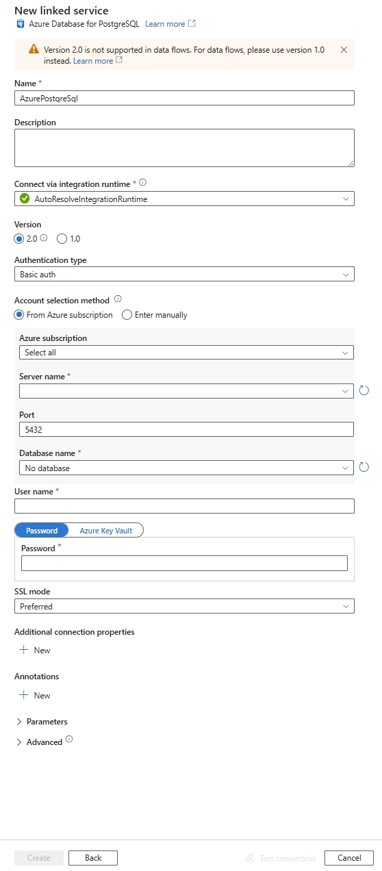 Konfigurieren Sie einen verknüpften Dienst zu Azure Database for PostgreSQL.