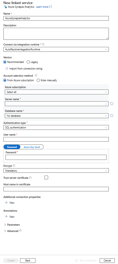 Screenshot: Konfiguration für einen mit Azure Synapse Analytics verknüpften Dienst