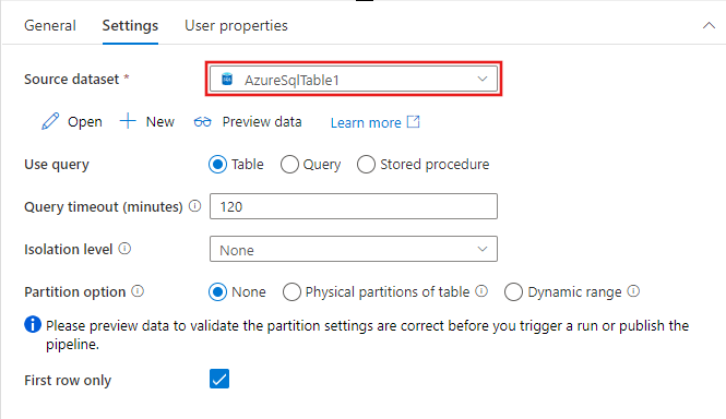 Zeigt die Konfigurationsoptionen der Lookup-Aktivität für ein Azure SQL-Tabellendataset.