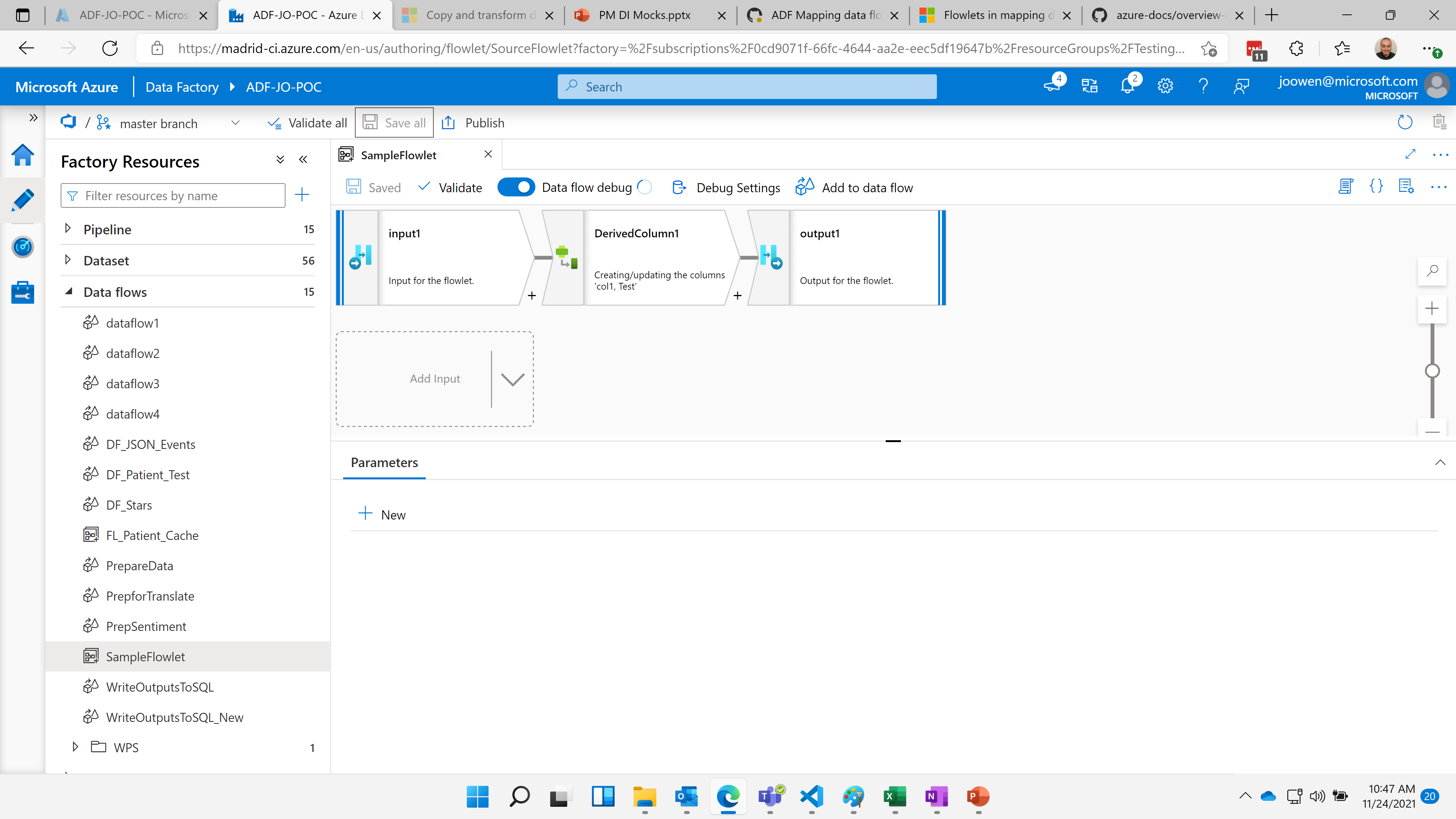 Screenshot, der die Entwurfsoberfläche für Flowlets und die Ähnlichkeit mit der von Zuordnungsdatenflüssen zeigt.