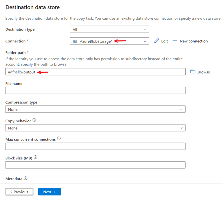 Screenshot der Einstellungen für einen Zieldatenspeicher.