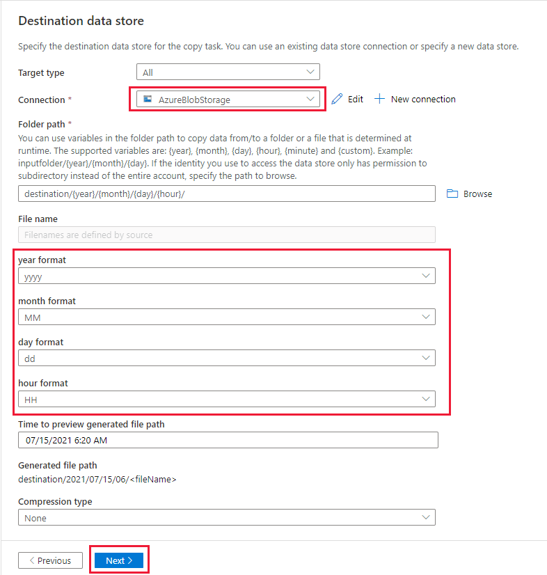 Ein Screenshot, der die Konfiguration der Seite „Destination data store“ (Zieldatenspeicher) zeigt.