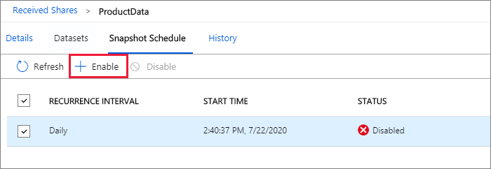 Screenshot der Seite „Momentaufnahmezeitplan“, mit der ausgewählten Schaltfläche „Aktivieren“.