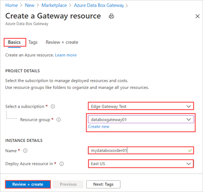 Screenshot: Projekt- und Instanzdetaileintrag für eine Data&nbsp;Box&nbsp;Gateway-Bestellung