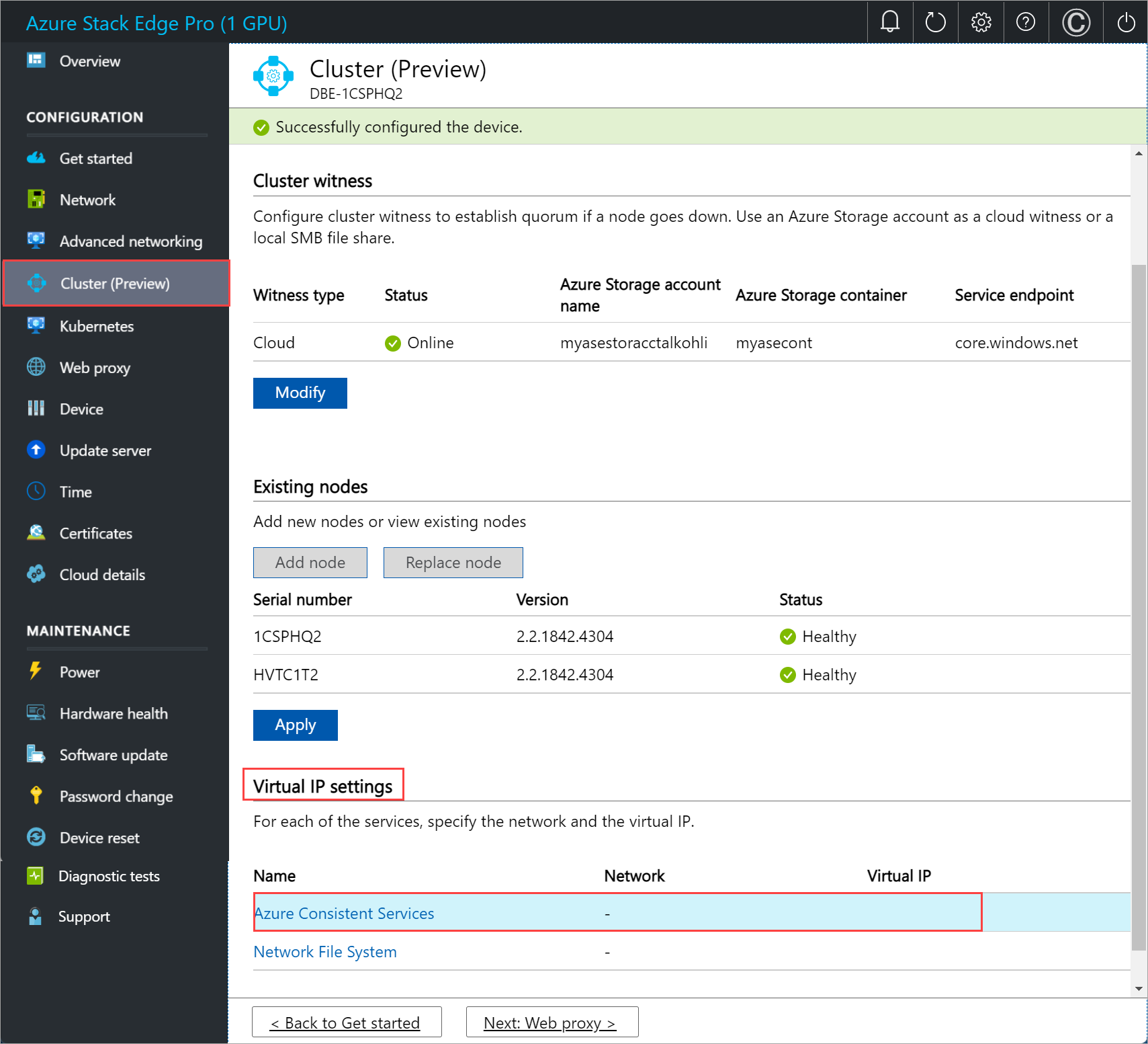 Screenshot der Seite Cluster auf der lokalen Webbenutzeroberfläche mit ausgewählter Option Azure Consistent Services für Virtuelle IP-Einstellungen auf dem ersten Knoten.