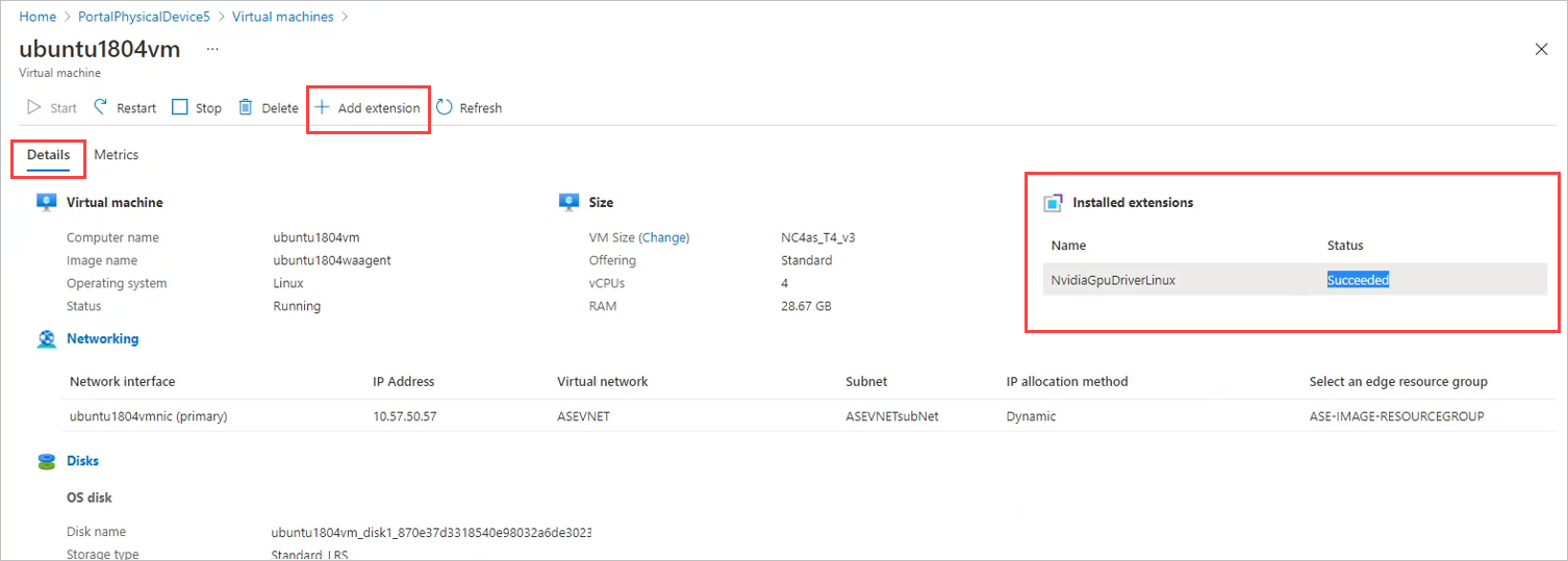 Screenshot: Bereich „Details“ für einen virtuellen Azure&nbsp;Stack&nbsp;Edge-Computer. Der Bereich „Installierte Erweiterungen“ mit einer installierten GPU-Erweiterung ist hervorgehoben.