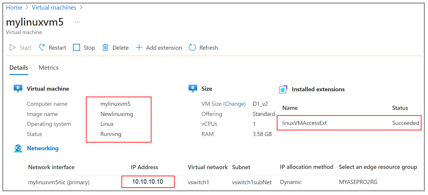 Screenshot: Bereich mit VM-Details und Informationen zur Netzwerkschnittstelle und installierten Erweiterungen unter Linux