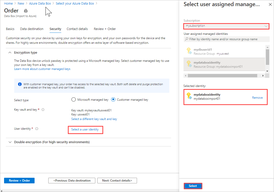 Screenshot: Der hervorgehobene Link „Benutzeridentität auswählen“ auf der Registerkarte „Sicherheit“ des Data Box-Exportauftrags