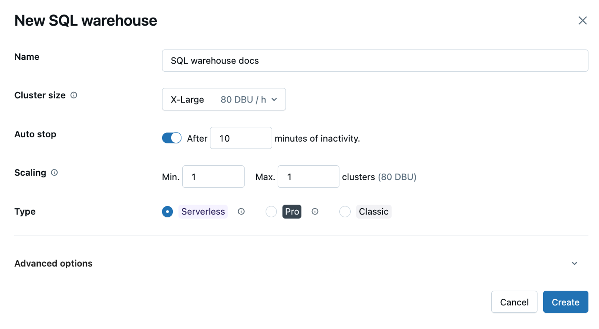 SQL Warehouse-Standardkonfiguration