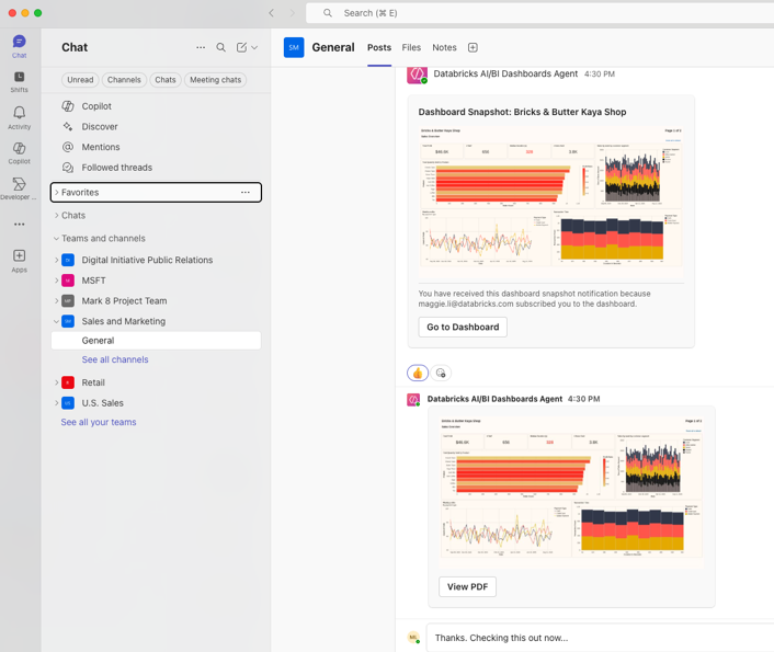 Beispiel für eine Teams-Benachrichtigung mit einer Dashboardmomentaufnahme