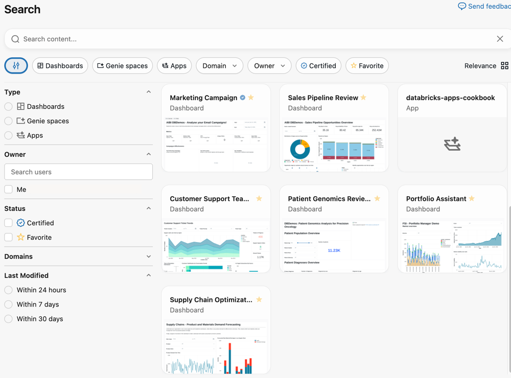 Databricks One Listen-Seitenfilter