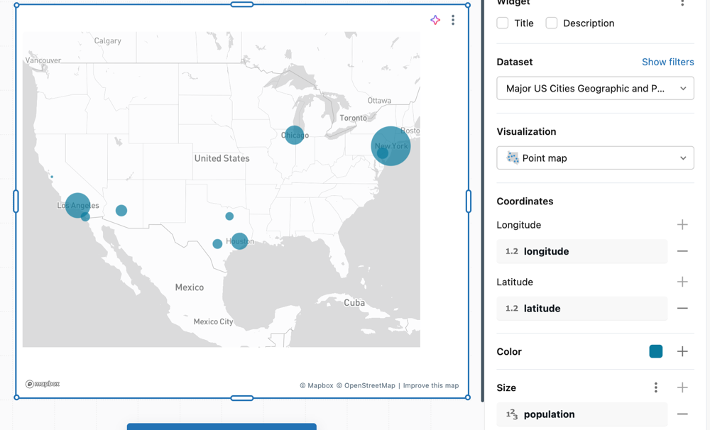 Point map example showing US cities size by population.