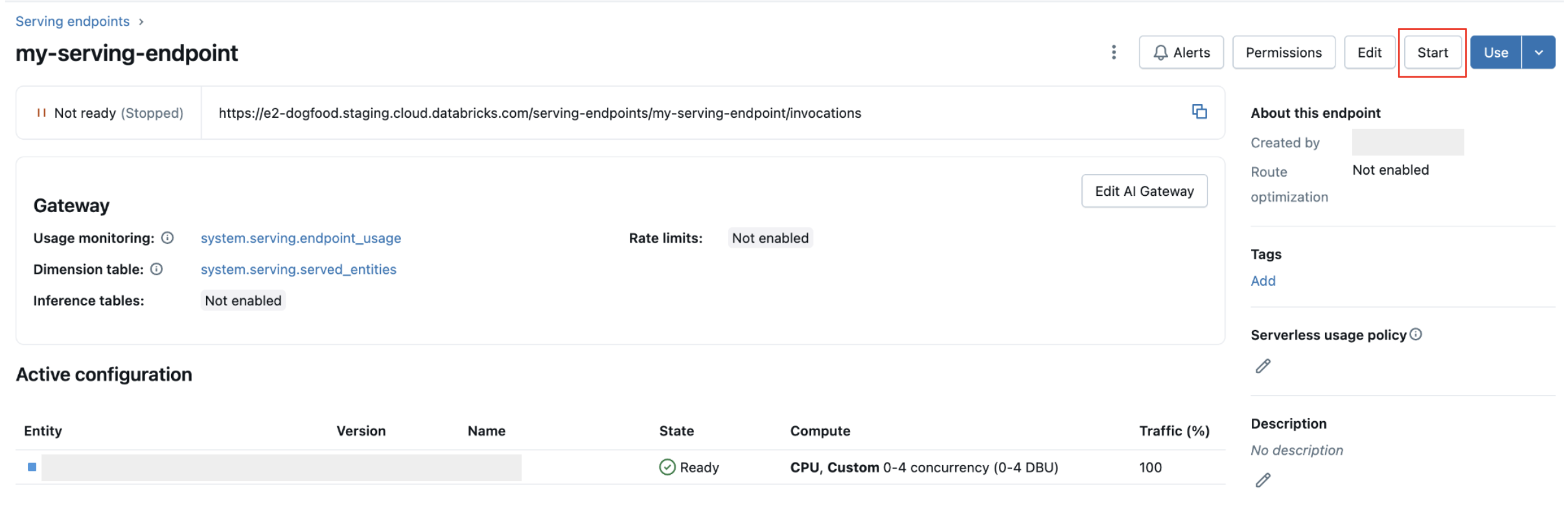 Starten Sie einen Modell-Serving-Endpunkt mit der Serving-Benutzeroberfläche.