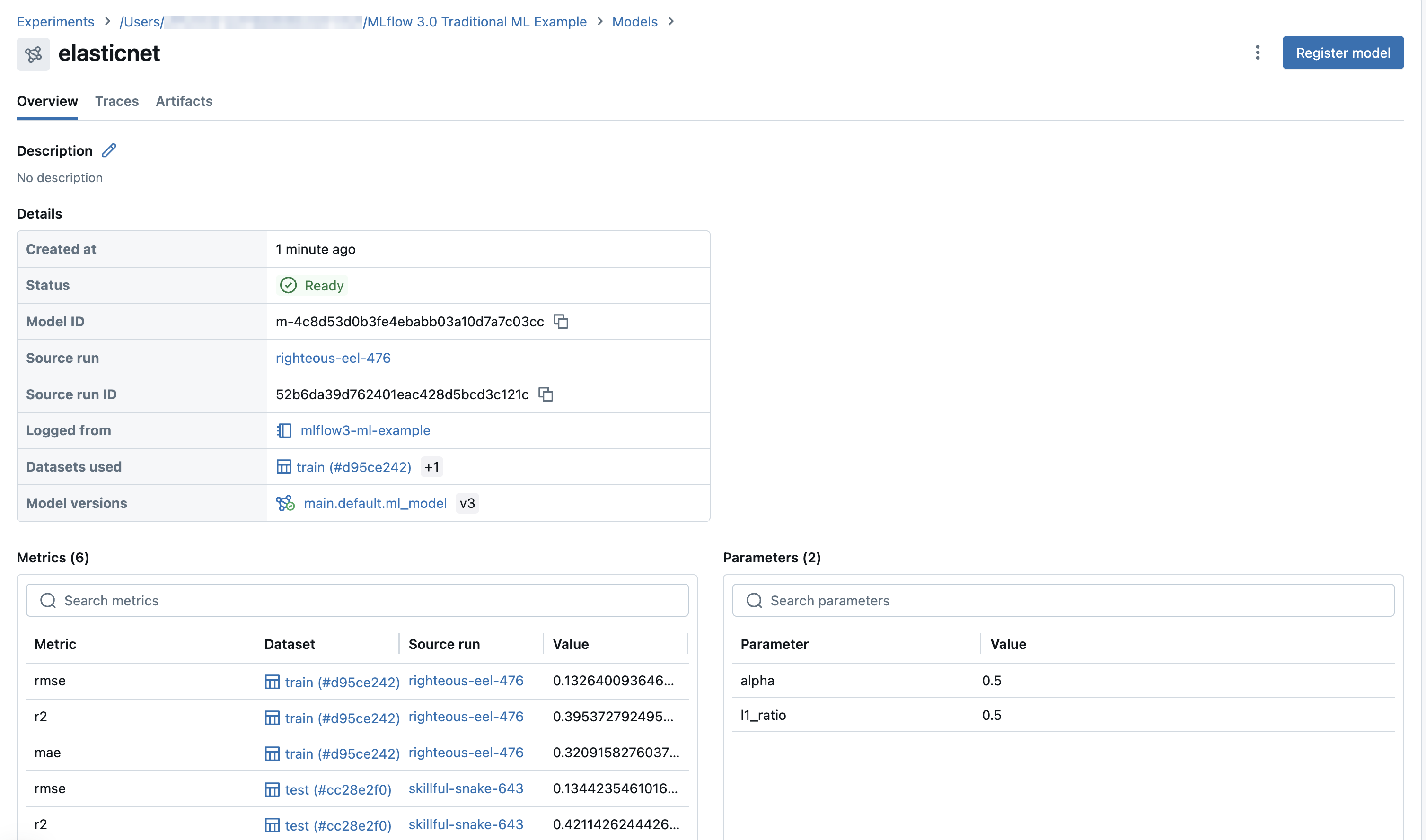 MLflow 3-Modelldetailseite.