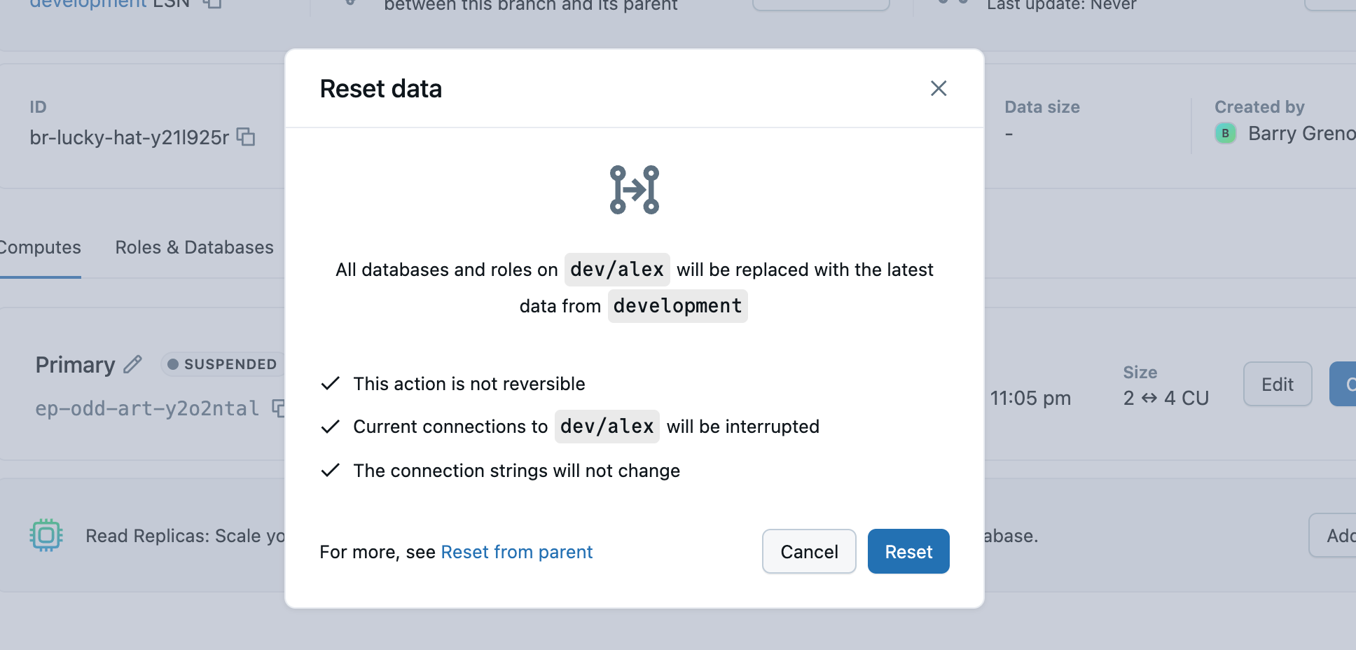 Modales Zurücksetzen der Datenbestätigung
