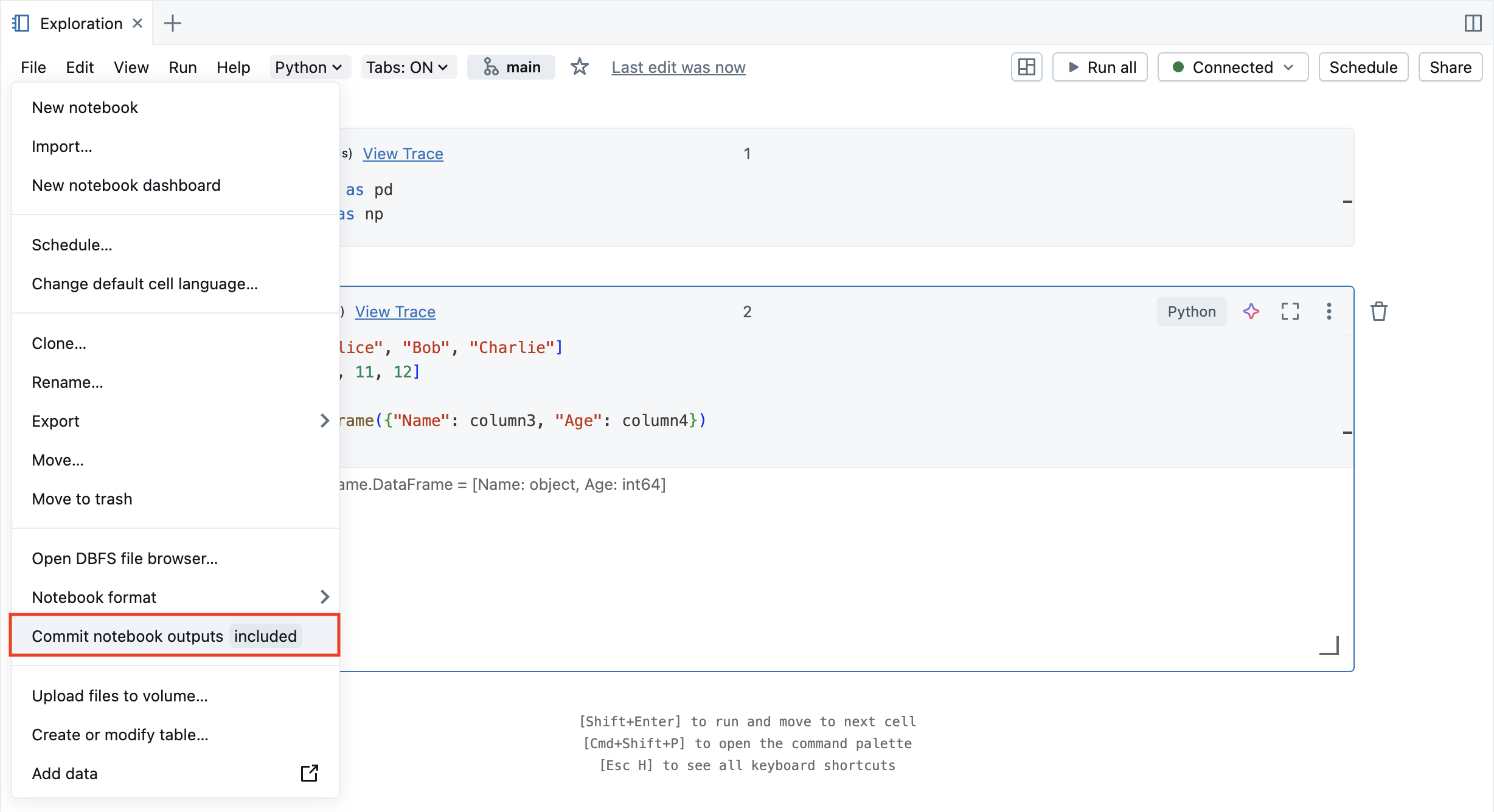 Notebook-Editor: Status und Steuerelement der Notebookausgaben committen.
