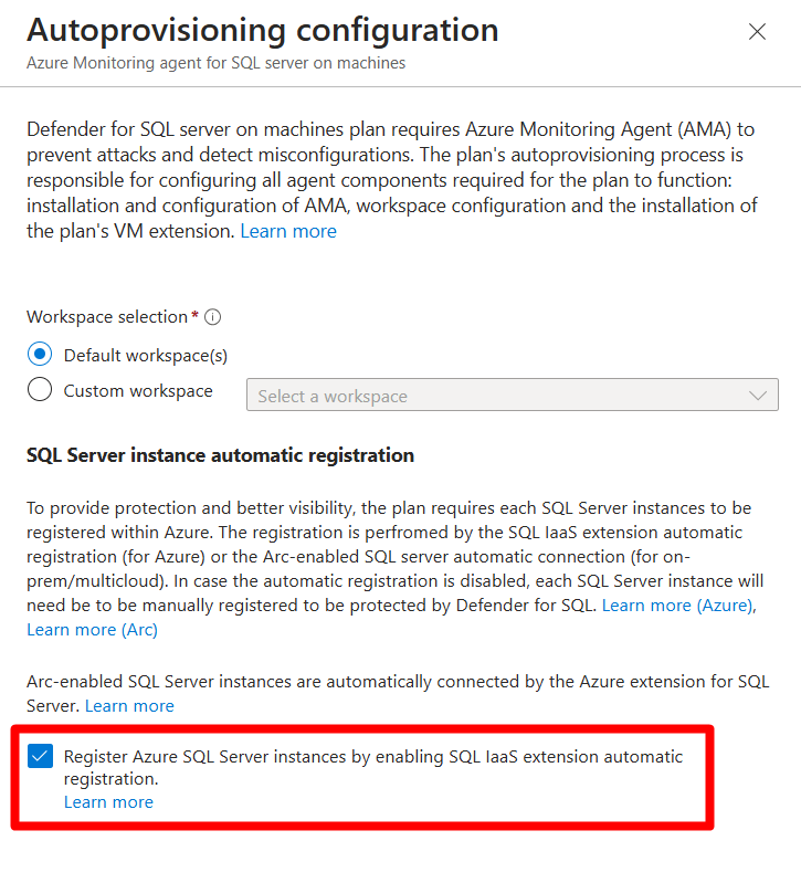 Screenshot, der zeigt, wo Sie die Registrierung von Azure SQL Server-Instanzen aktiviert lassen sollen.