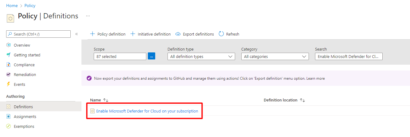 Screenshot, der die Azure Policy-Definition zeigt: Aktivieren Sie Defender for Cloud in Ihrem Abonnement.