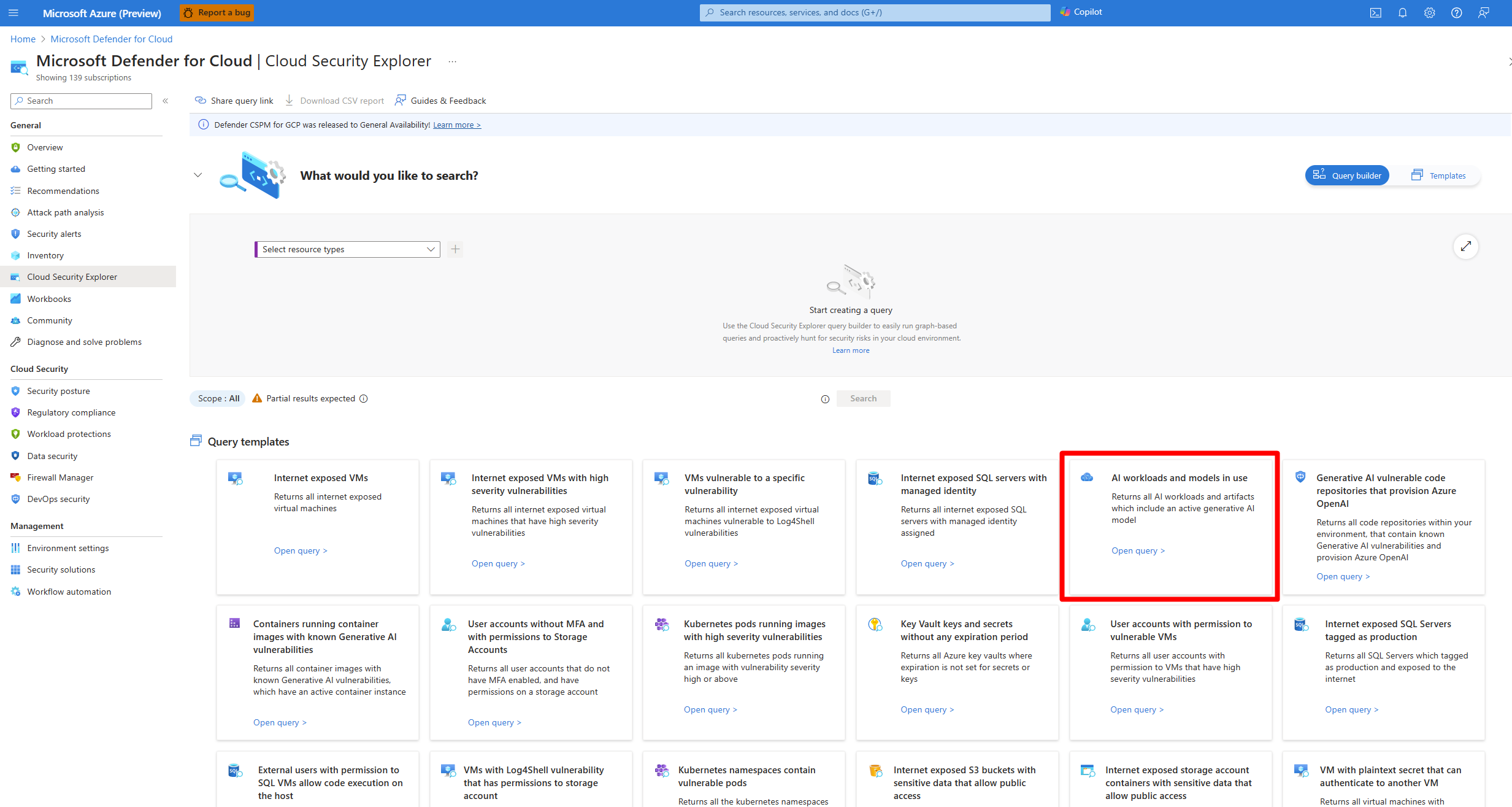 Screenshot, der zeigt, wo die Abfragevorlage „KI-Workloads und -Modelle, die verwendet werden“ auf der Seite „Cloudsicherheits-Explorer“ gefunden werden kann.