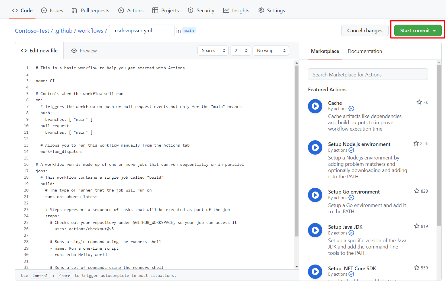 Screenshot, das zeigt, wo Sie den Start-Commit auswählen.