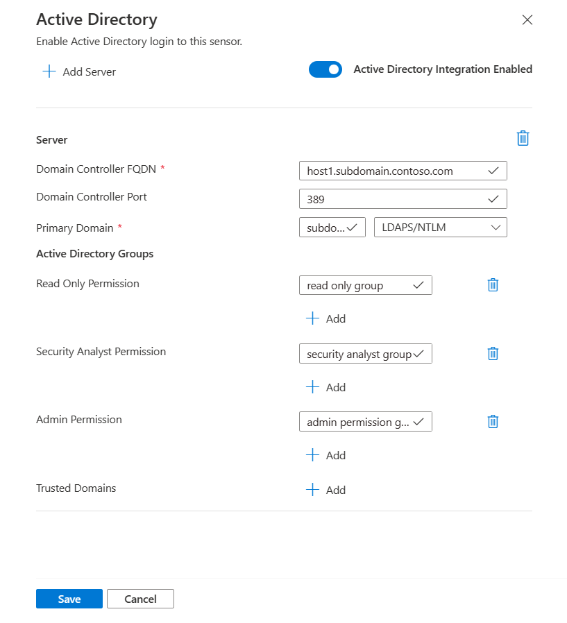 Screenshot der Active Directory-Integrationskonfiguration auf dem Sensor.