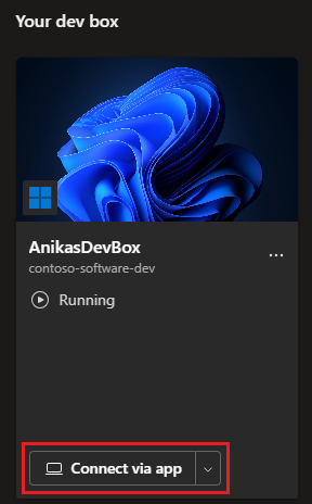 Screenshot: Kachel der Entwicklerbox mit der Option „Über die App verbinden“.