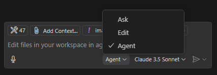 Screenshot der Auswahl des Agentmodus im Copilot Chat mit dem Claude 3.5 Sonnet-Modell.