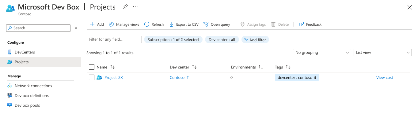 Screenshot der Projektliste mit ausgewähltem Projekt zum Zuweisen von DevCenter-Rollen im Azure-Portal.