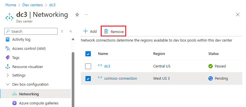 Screenshot: Entfernen einer ausgewählten Netzwerkverbindung, die an Dev Center angefügt ist