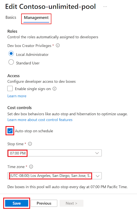 Screenshot der Seite „Dev-Box-Pool bearbeiten“ mit dem Abschnitt „Kostenkontrollen“ und ausgewählter Option „Automatisches Beenden“.