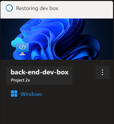 Screenshot des Entwicklerportals mit einer Kachel der Dev-Box mit der Meldung „Wiederherstellen der Dev-Box“