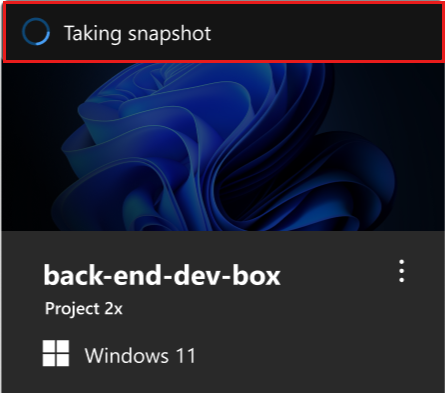 Screenshot des Entwicklerportals, der eine Kachel mit der Nachricht Snapshot erstellen zeigt.