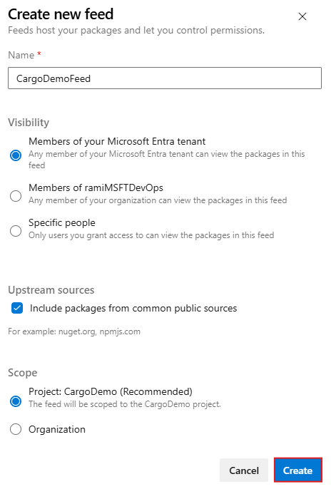 Screenshot, der zeigt, wie Sie einen neuen Feed in Azure Artifacts erstellen.