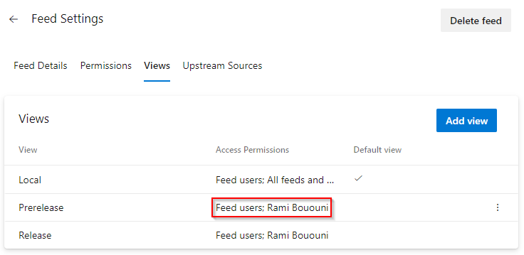 Screenshot der Berechtigungseinstellungen für die ansicht @Prerelease in Azure Artifacts.