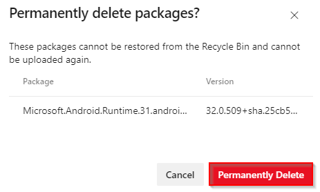 Screenshot mit einer Bestätigungsmeldung, bevor Sie ein Paket endgültig löschen.