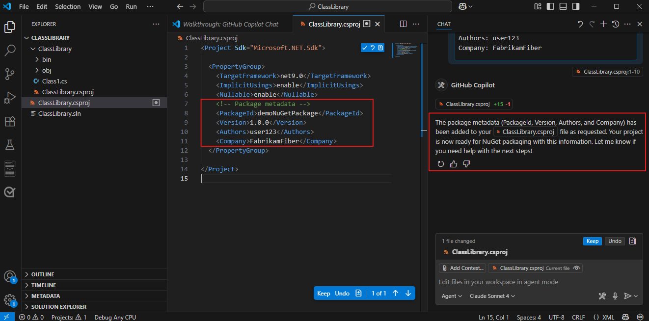 Screenshot mit GitHub Copilot, der die erfolgreiche Hinzufügung der Paketmetadaten bestätigt.