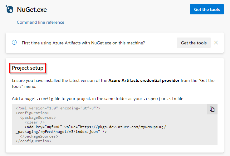 Screenshot, der zeigt, wie Sie Ihr Projekt einrichten und eine Verbindung mit Ihrem Feed in Azure DevOps Services herstellen.
