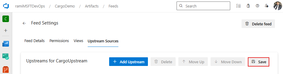 Screenshot, der zeigt, wie Upstreamquellen in Azure Artifacts gespeichert werden.
