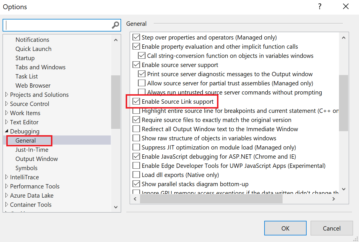 Screenshot, der zeigt, wie Die Unterstützung von Quelllinks in Visual Studio aktiviert wird.